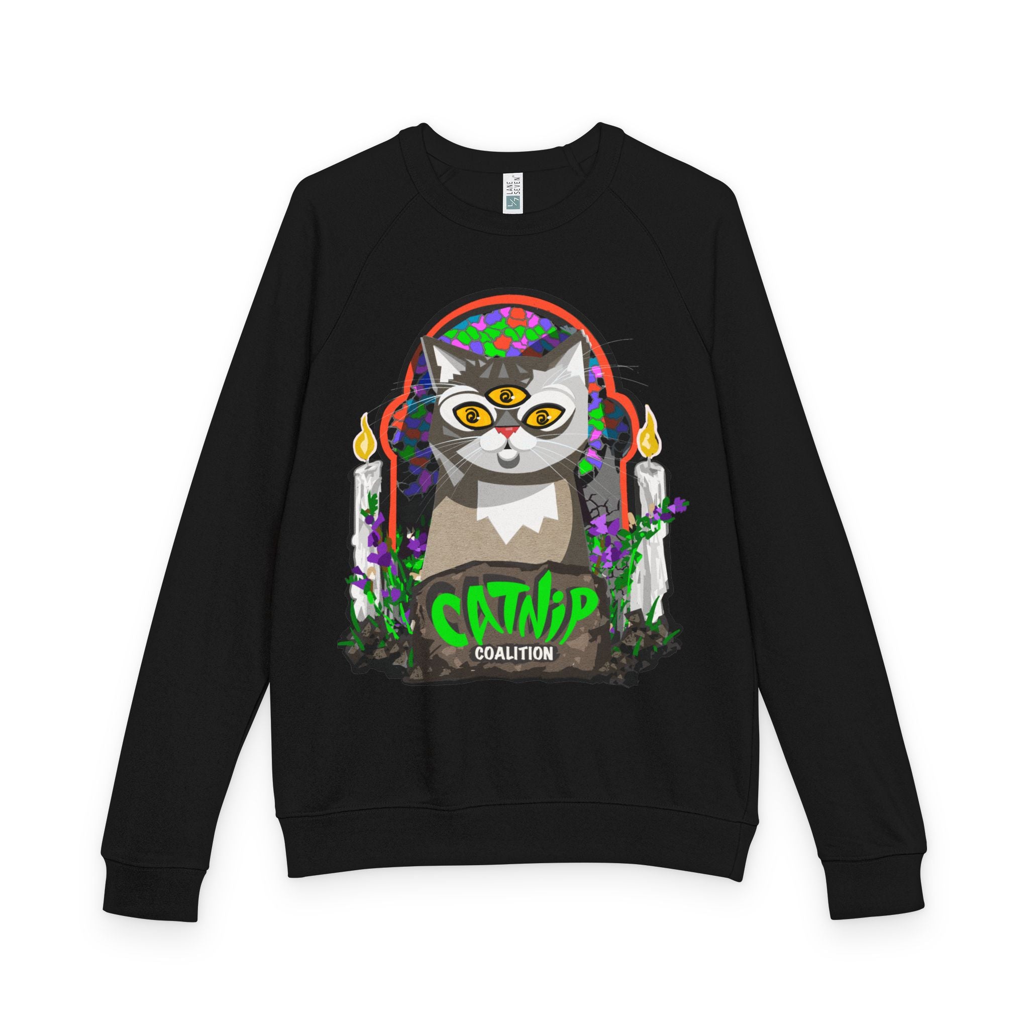 Catnip Coalition Crewneck Sweatshirt — Colorful Cat Altar Design
