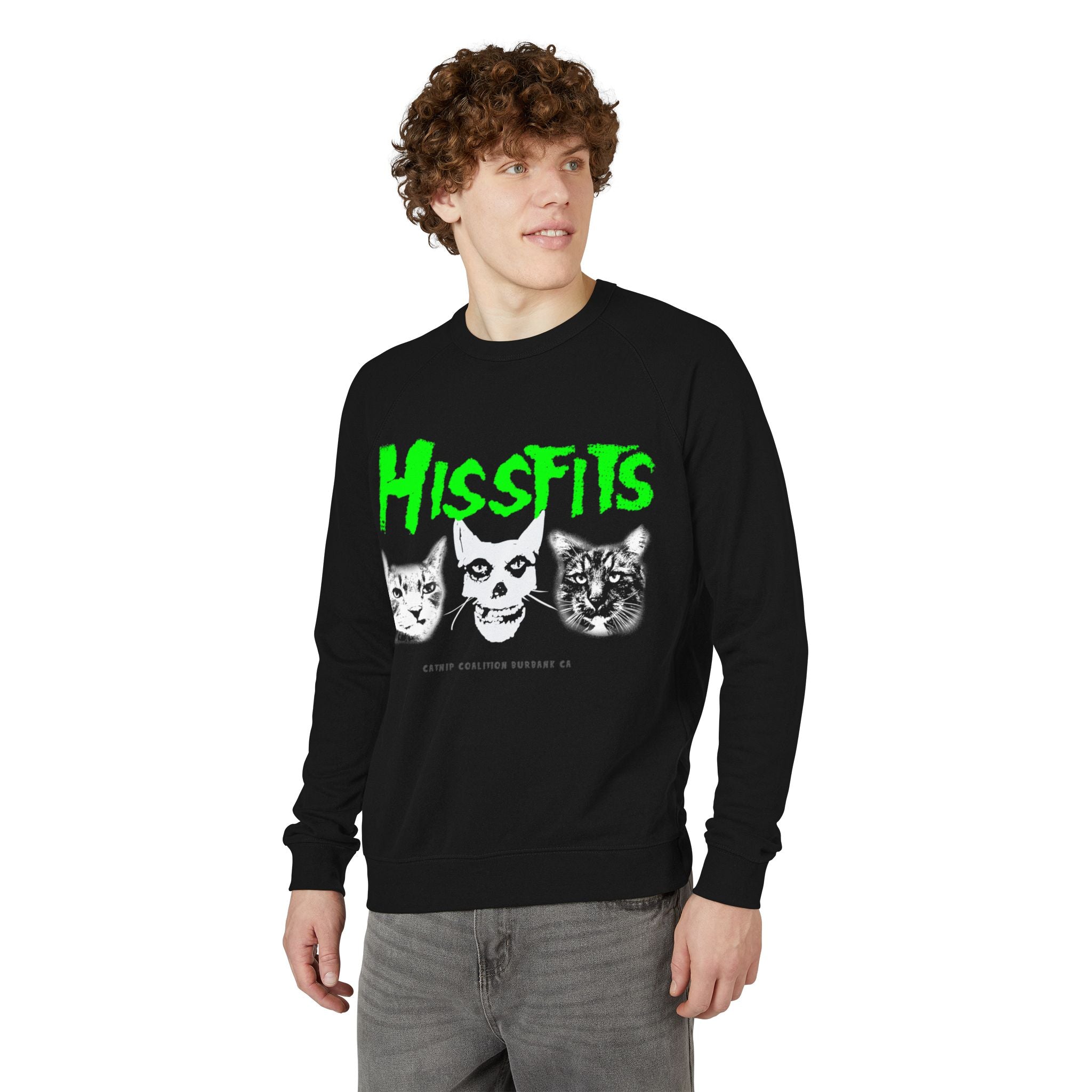 Hissfits Crewneck Sweatshirt — Neon Green Punk Cat Band Design