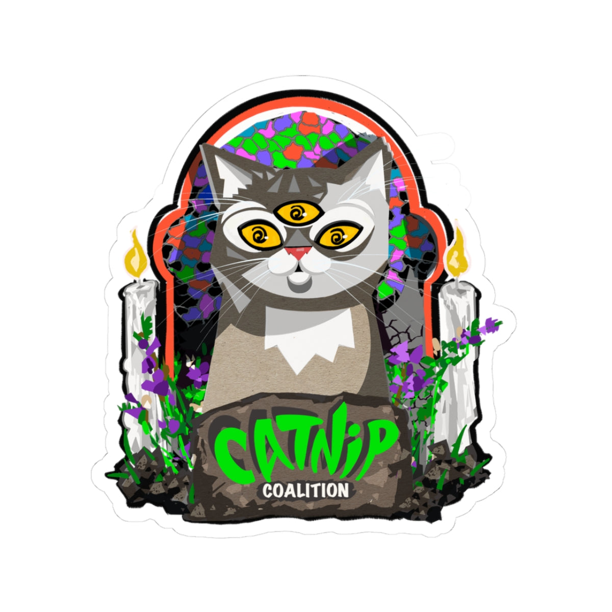 Catnip Coalition Sticker — Psychedelic Three-Eyed Cat Design
