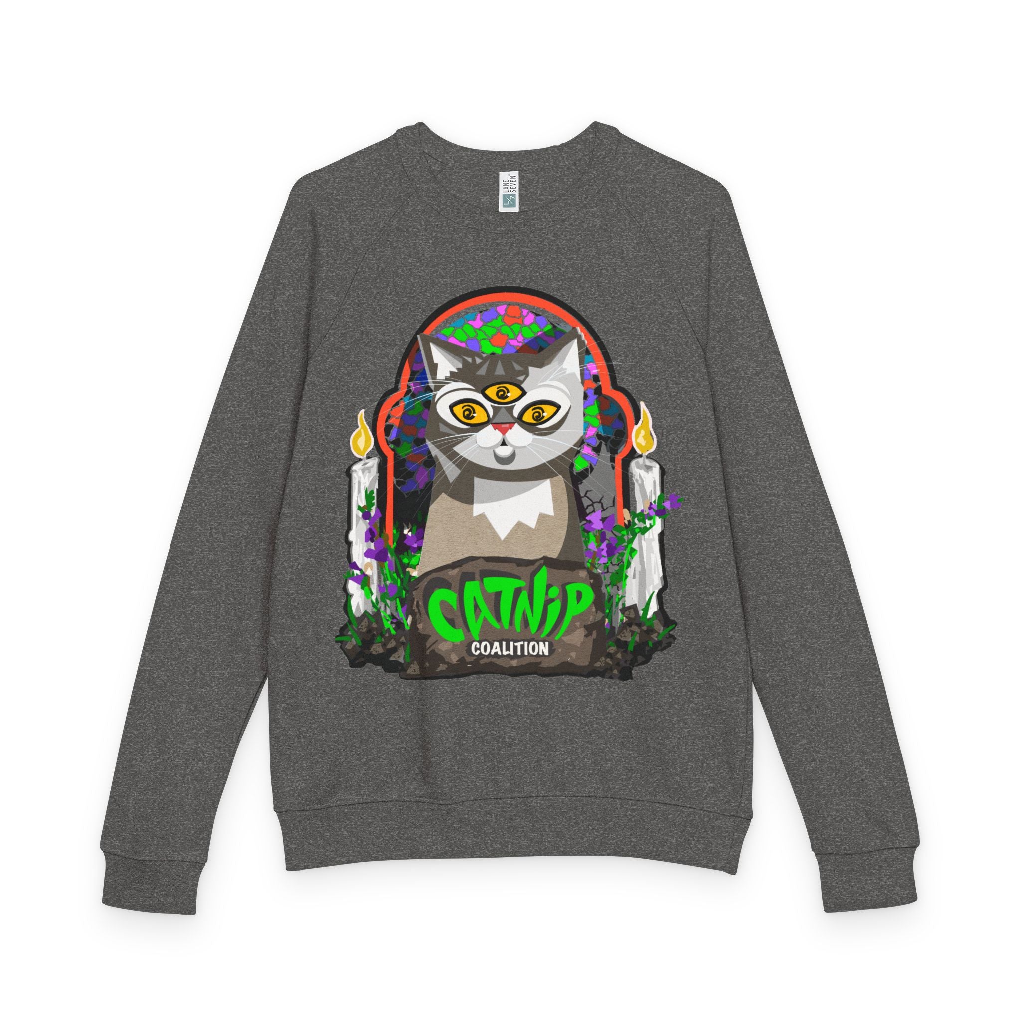 Catnip Coalition Crewneck Sweatshirt — Colorful Cat Altar Design