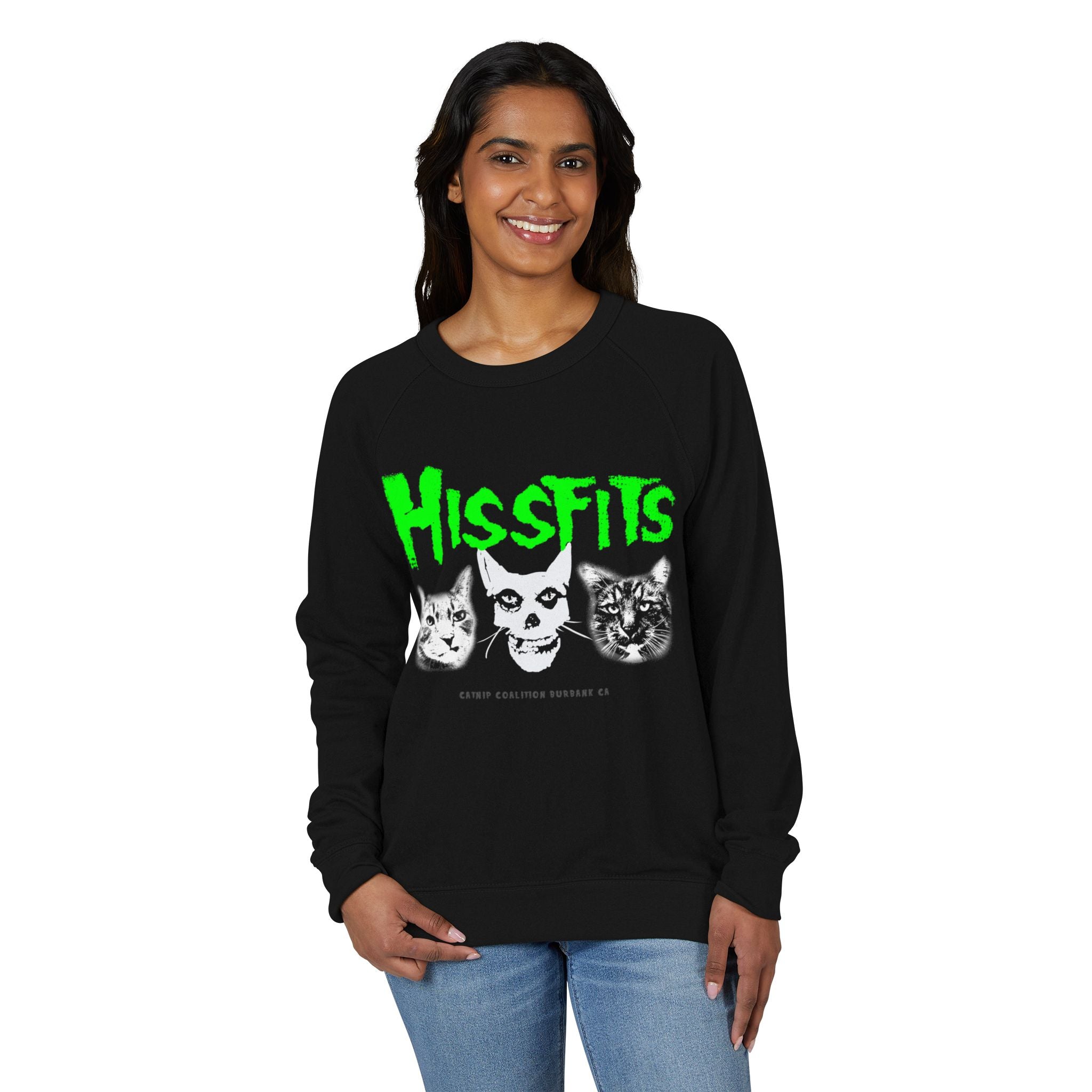 Hissfits Crewneck Sweatshirt — Neon Green Punk Cat Band Design