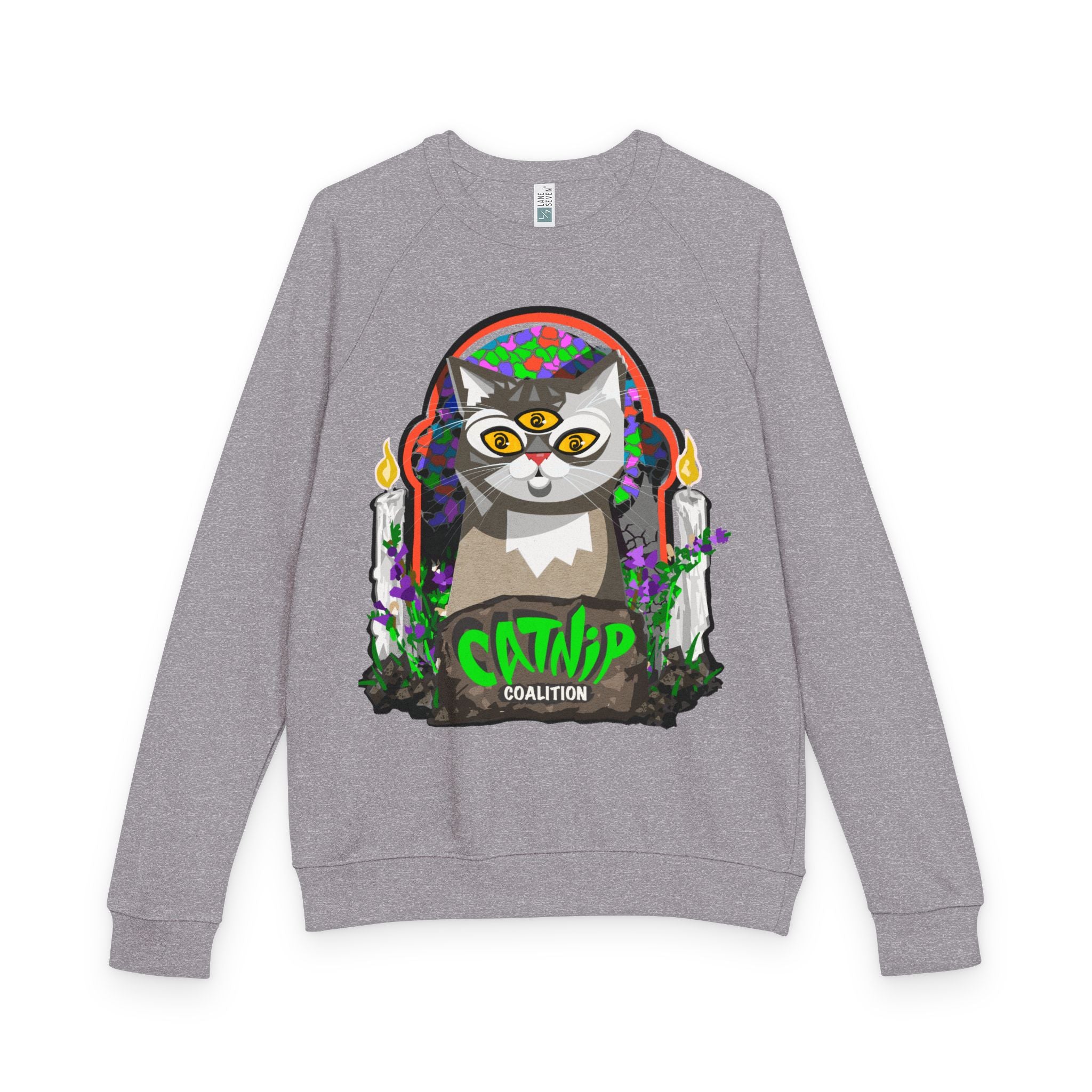 Catnip Coalition Crewneck Sweatshirt — Colorful Cat Altar Design
