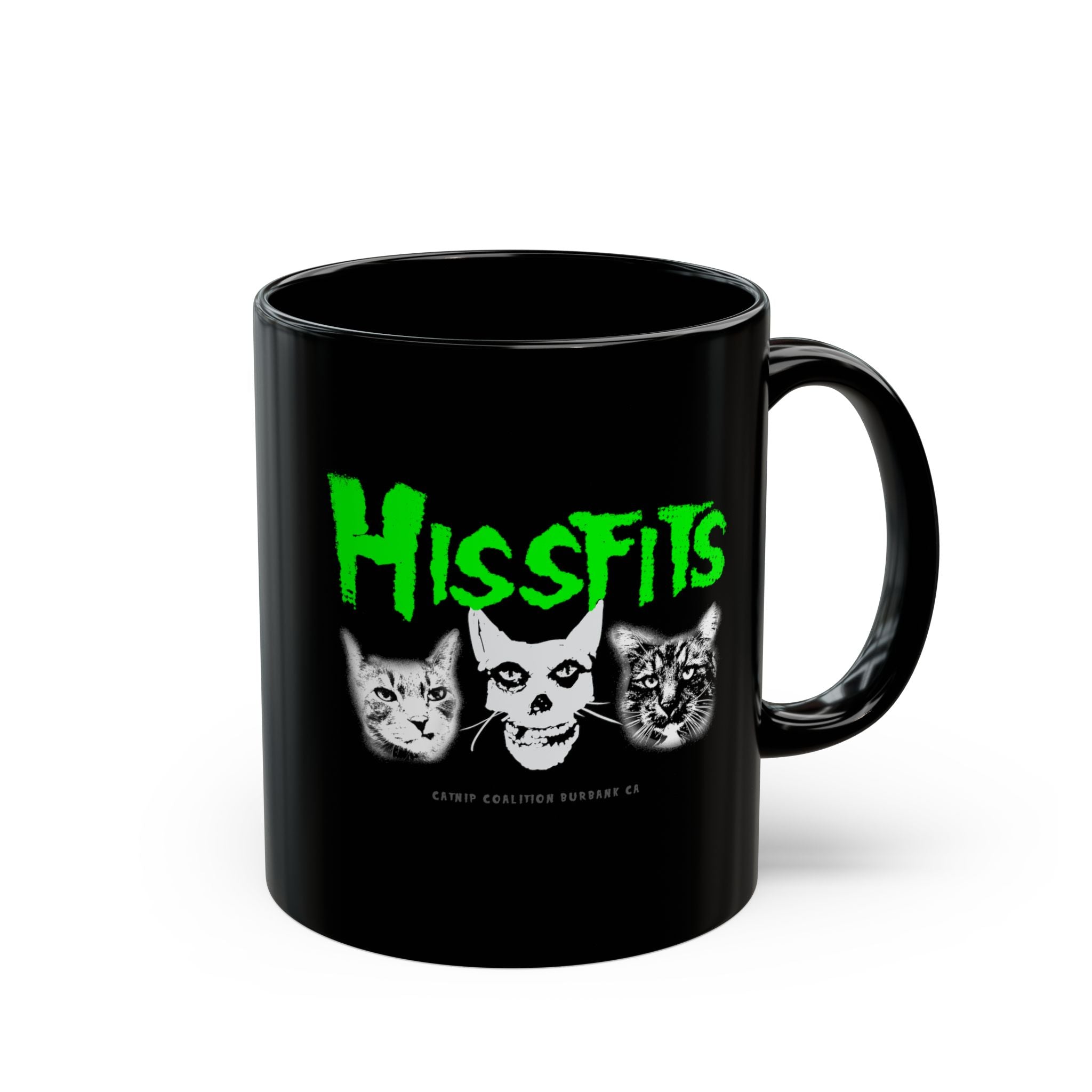 Hissfits Black Ceramic Mug — Gothic Cat Band Logo Coffee Cup (11oz & 15oz)