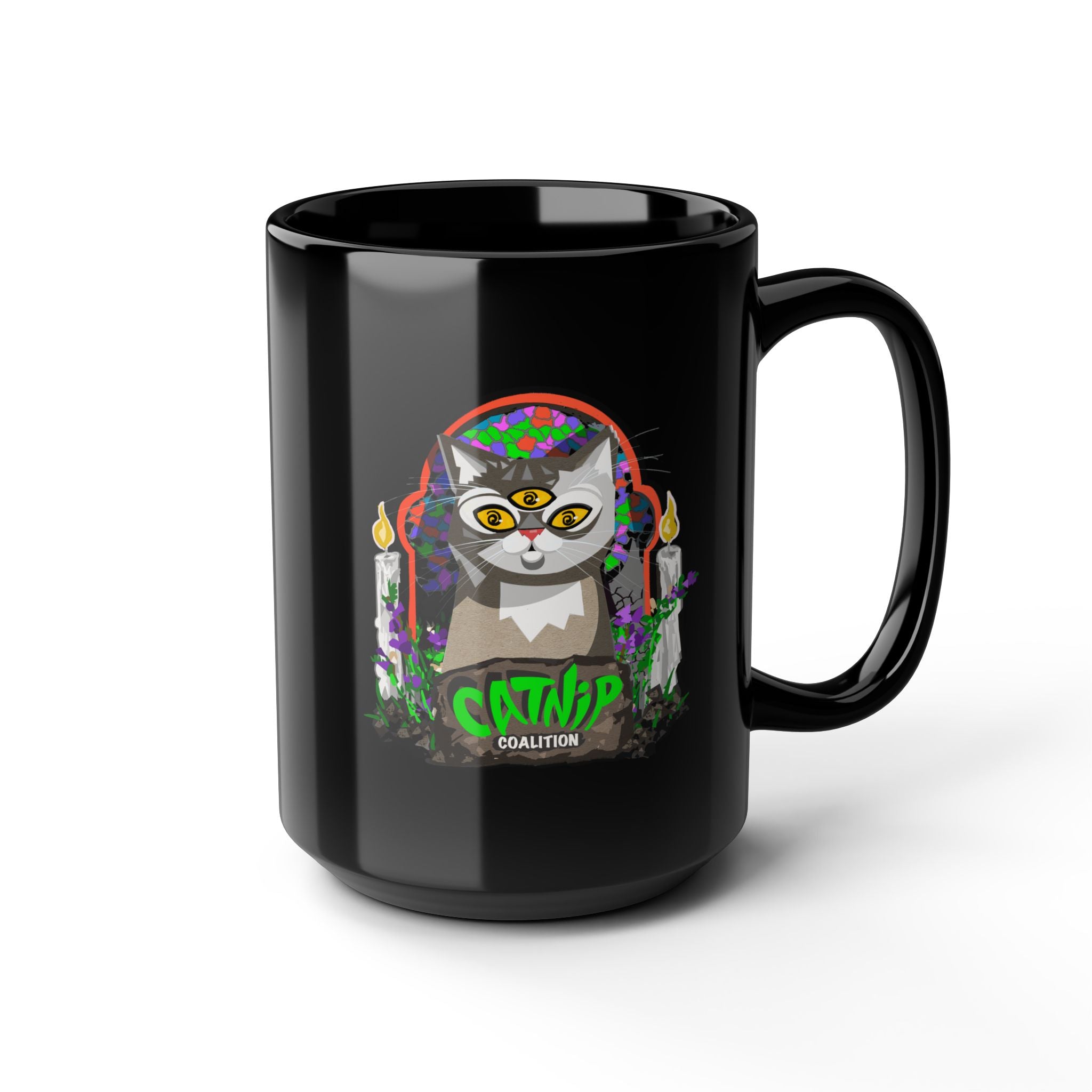 Catnip Coalition Black Ceramic Mug – Retro Witchy Cat Design (11oz & 15oz)