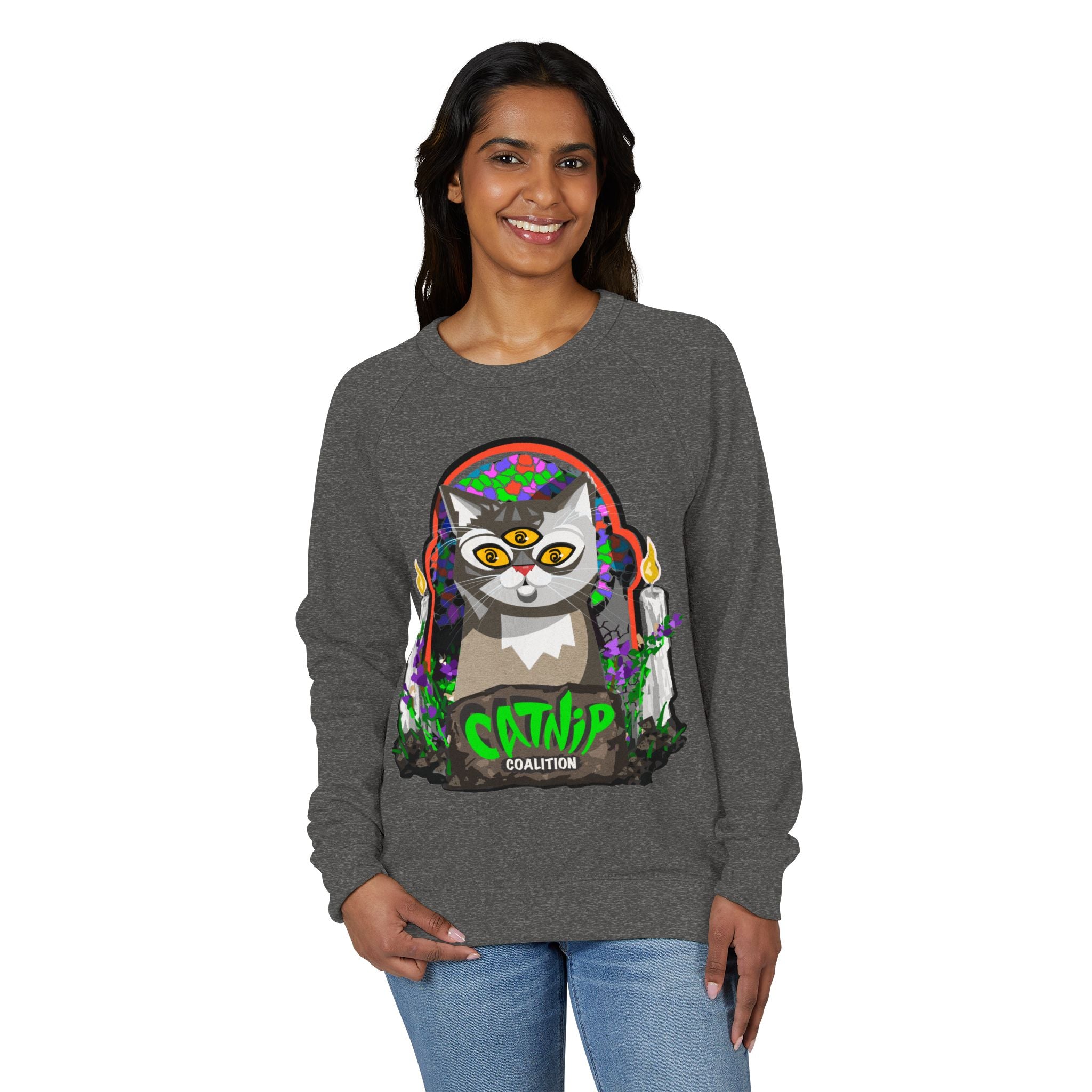 Catnip Coalition Crewneck Sweatshirt — Colorful Cat Altar Design